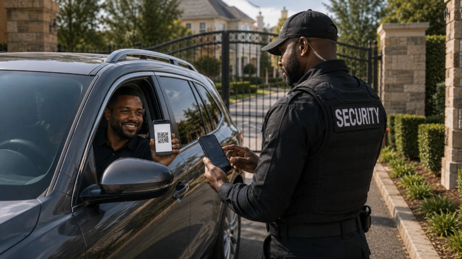 Security officer verifying a visitor QR pass at the estate gate